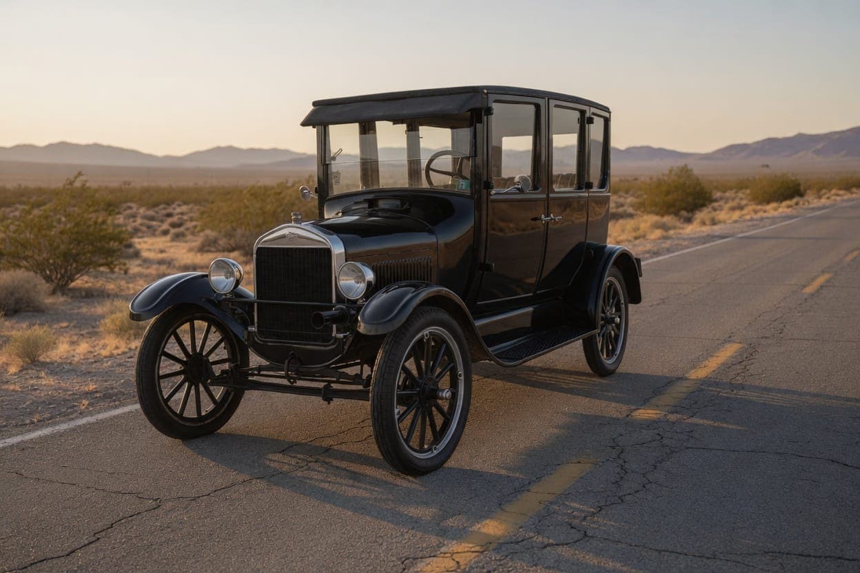 1926 Ford Model T on an empty desert road at magic hour