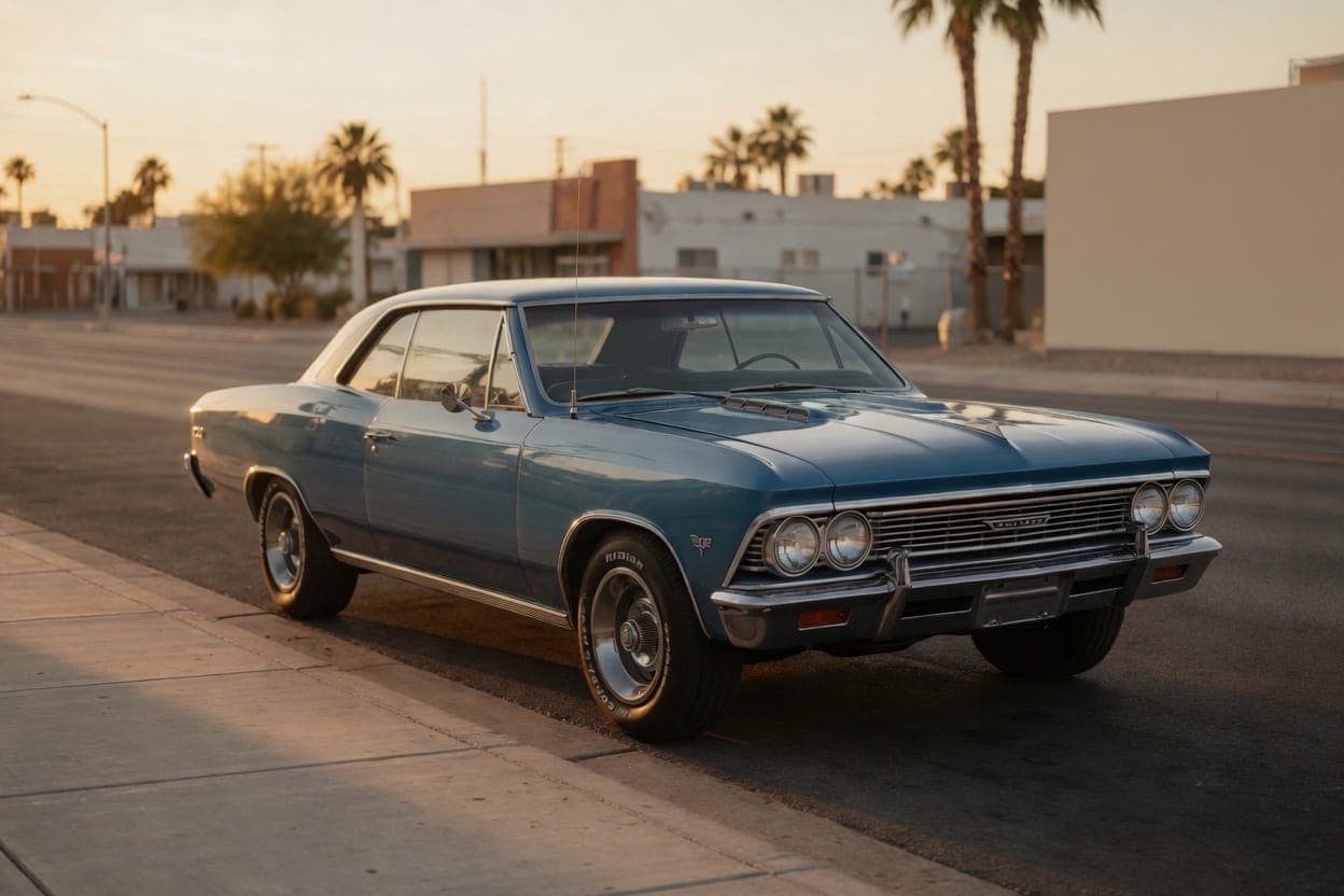 1966 Chevelle Malibu on an empty Las Vegas street at golden hour, camera-ready