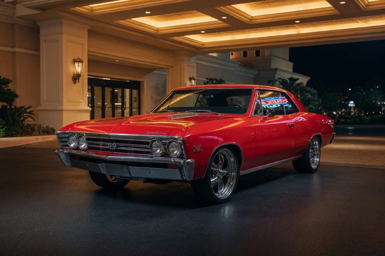1967 Chevelle Super Sport under a hotel porte-cochère at night
