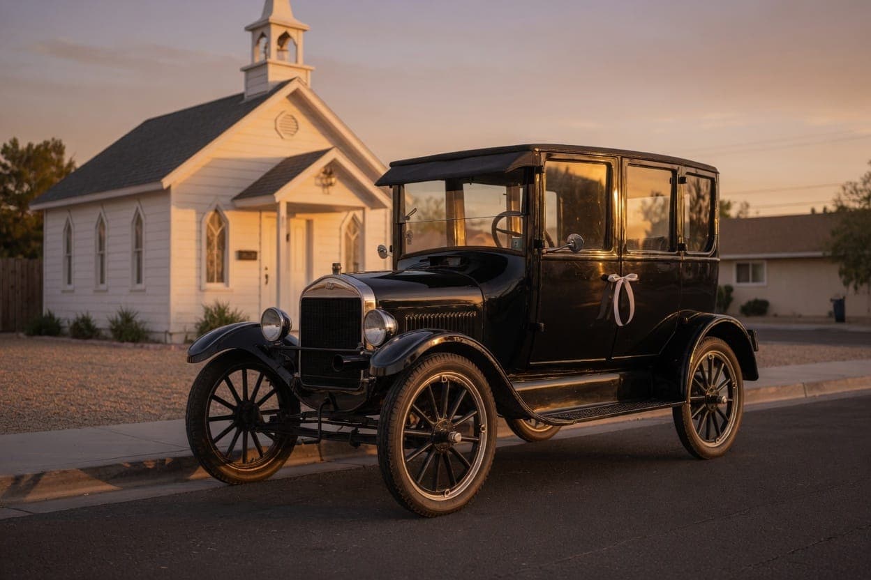 1926 Ford Model T parked outside a small chapel at golden hour, a white ribbon on the door